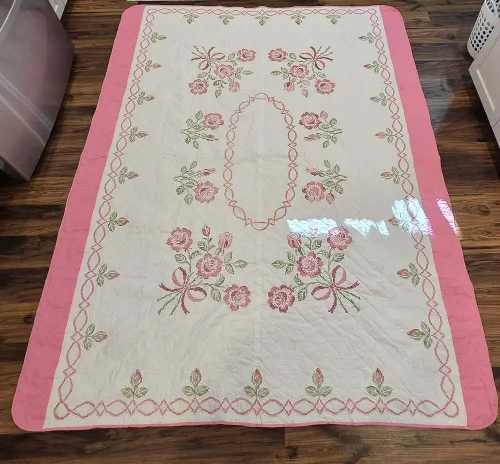 Vtg Hand Embroidered Rose Quilt Bedspread Twin 92x72 Pink Cross Stitch Floral
